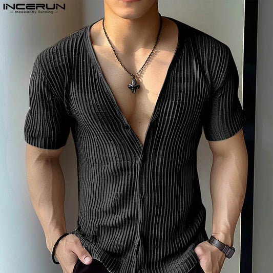 INCERUN Tops 2024 American Style Fashion New Men Deep V-neck Textured Striped Shirts Casual Streetwear Male Short Sleeved Blouse