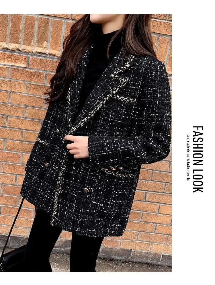 New Vintage Plaid Tweed Blazers Autumn Winter Thicken Fashion Jackets Female Double Breasted Elegant Black Coats Outwear D92