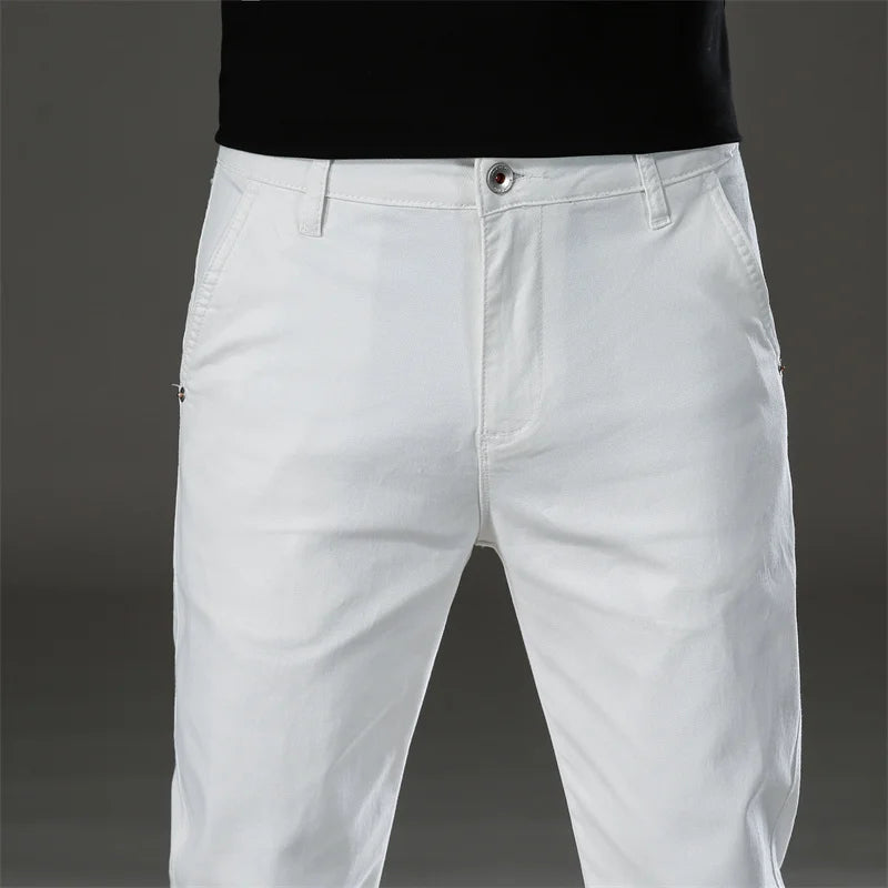 2022 Autumn New Men's Cotton Straight Casual Pants Business Fashion Solid Color Elasticity White Trousers Male Brand Clothing