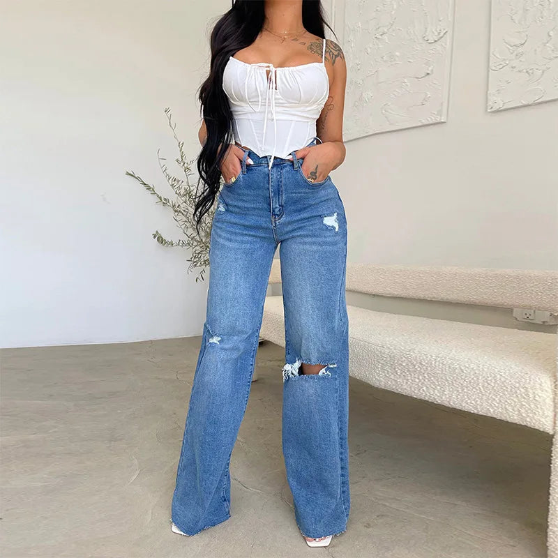 Women Jeans Wide Leg Pants Denim High Waist Zipper Fly Washing Holes Pockets High Street Ankle Length Flash Spring 2024