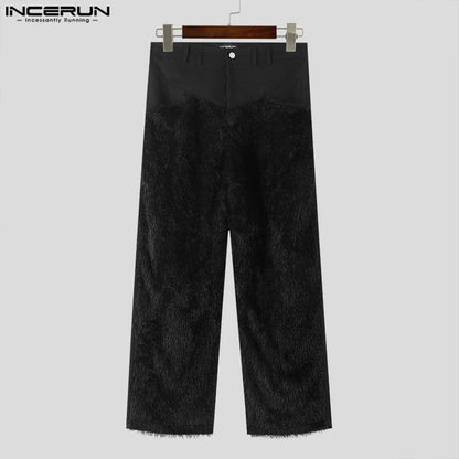 2024 Men's Pants Plush Patchwork Button Loose Fashion Casual Trousers Men Streetwear Personality Joggers Straight Pants INCERUN