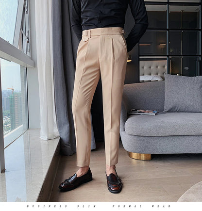 British Style New Solid High Waist Suit Pant Men Business Formal Wear Trousers 2024 High Quality Slim Casual Office Suit Pants