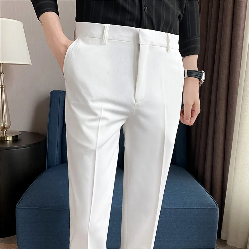 9 Color Summer Fashion Mens Suit Pants Pure Color Business Formal Pants Slim Fit Office Mens Wedding Social Ankle Long Trousers