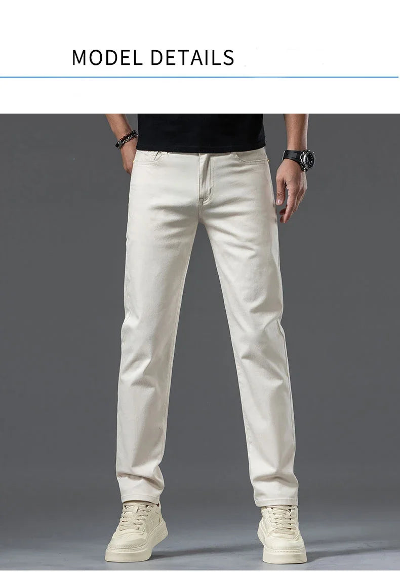 2024 New Summer Thin Men's Straight Denim Cotton Stretch Creamy-white Jeans Classic Business Pants Fashion Trousers Male Brand