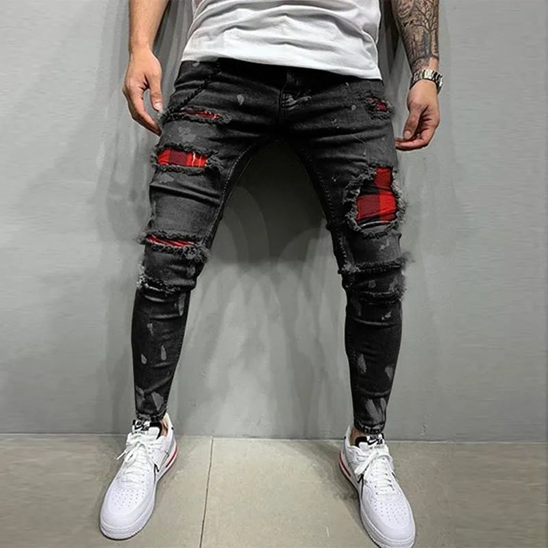 Hip Hop Men's Fashion Embroidered Jeans 2023 Street Club Ripped Denim Pants Classic Blue And White Slim Stretch Pantalon S-4XL