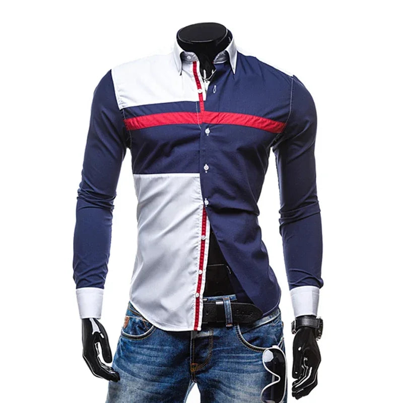 Men Long Sleeve Shirt 2024 Spring Striped Shirts Slim Fit Male Casual Social Patchwork Shirt Turn-down Collar Camisa Masculina