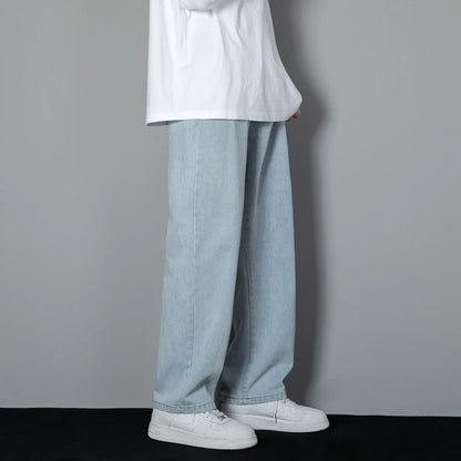 New Korean Men's Casual Long Jeans Classic Man Straight Denim Wide-leg Pants Solid Color Light Blue Grey Black 3XL