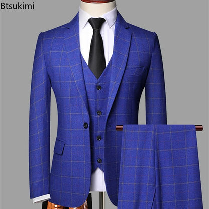 2025 New Men's Three-pieces Fashion Plaid Slim Business Party Formal Elegant Blazer Sets (Jacket+Pants+Vest) Prom Wedding Groom