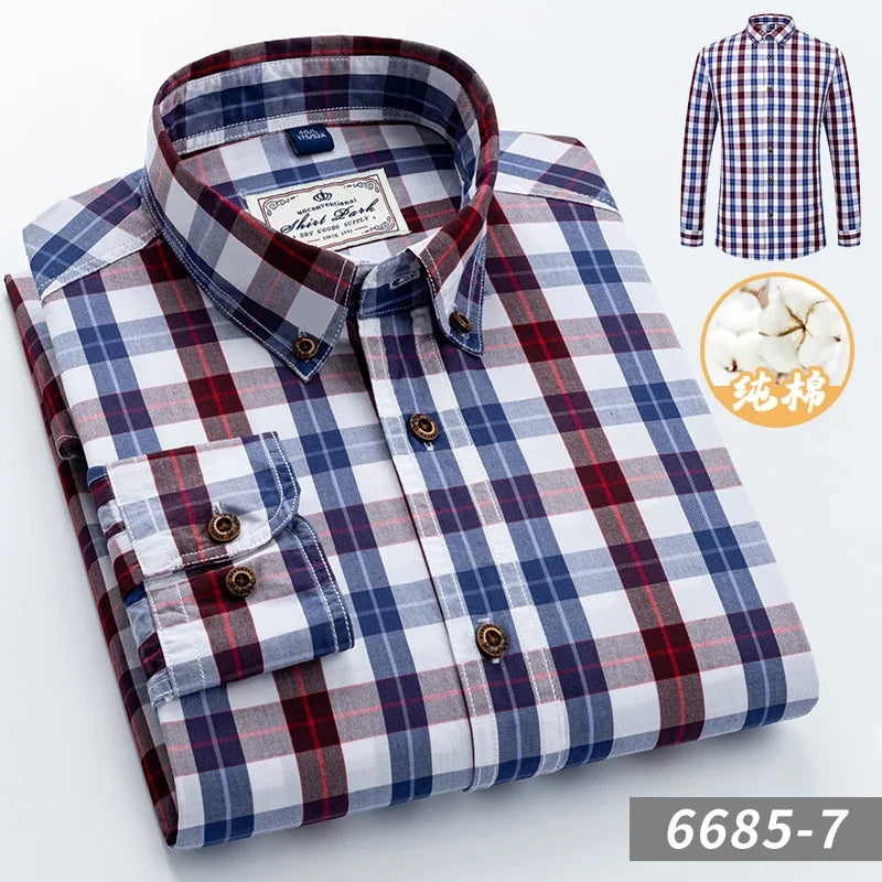 Men's Plaid Checkered Long Sleeve Shirts Contrast Color No Pocket Comfortable 100% Cotton Casual Standard Fit Button Down Shirt