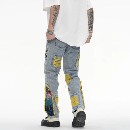 Chinese Painting Embroidered Patch Denim Ripped Jeans for Men Streetwear Washed Destroyed Pleated Straight Jean Male Tassels