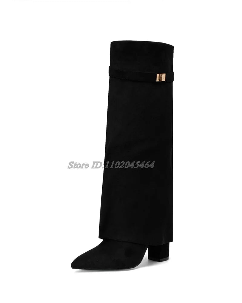 Women's Suede Leather Chunky Heel Shark Boots Pointed Toe Metal Buckled High Heels Knee High Boot Luxury Designer Sexy Shoes