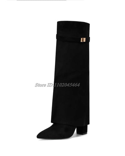 Women's Suede Leather Chunky Heel Shark Boots Pointed Toe Metal Buckled High Heels Knee High Boot Luxury Designer Sexy Shoes