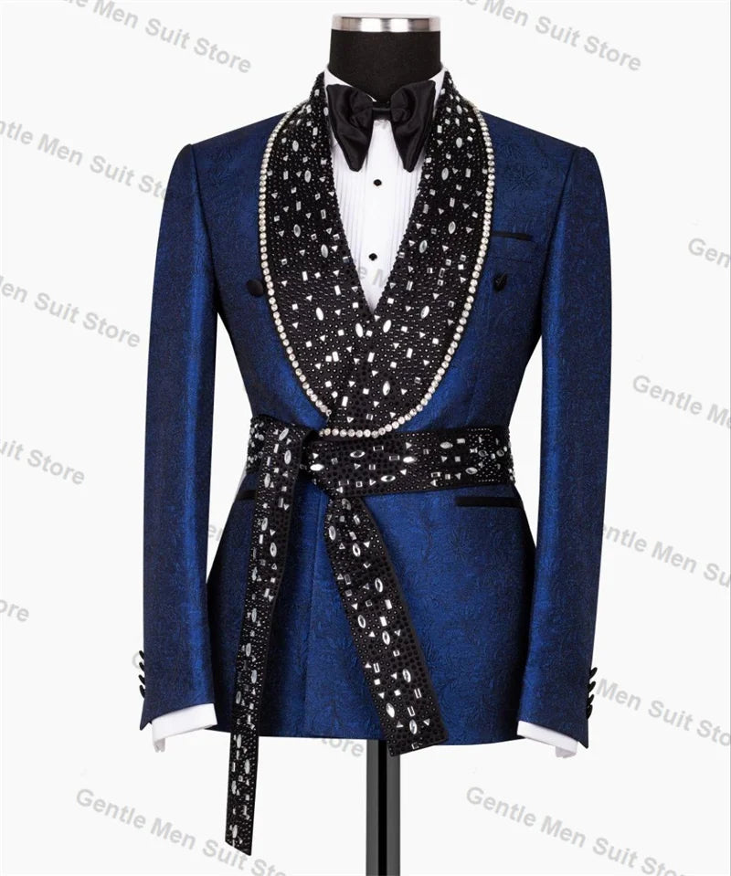 Blue Jacquard Crystals Men Suits 2 Piece Blazer+Black Trousers Wedding Tuxedo Male Prom Coat Customized Formal Office Jacket