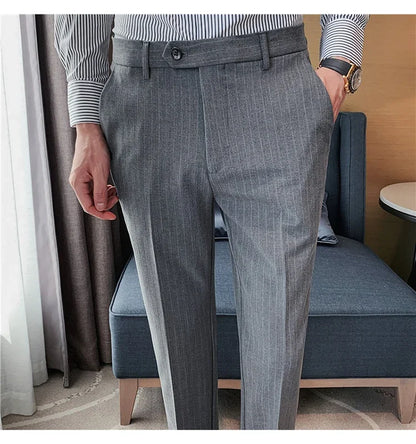 Men Boutique Black Striped Suits Pants Male Formal Wear Wedding Dress Trousers Quality British Style Business Casual Suit Pants