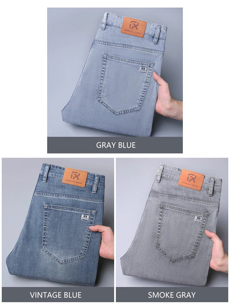 Summer Thin Men's Straight Loose Gray Jeans Soft Fabric Lyocell Fabric Light Colored Casual Pants Male Brand Trousers