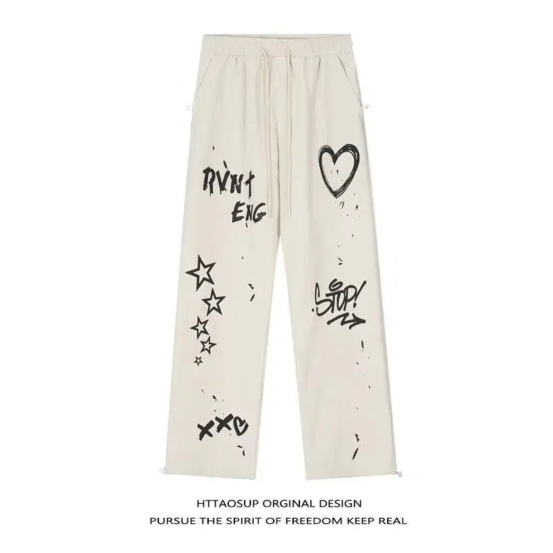 Autumn Elegant Fashion Harajuku Slim Fit Ropa Hombre Loose Casual All Match Wide Leg Pants Printed Pockets Straight Leg Pants