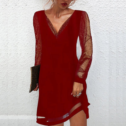 Comfy Dress Women Fashion Dress Solid Lace Splice Long Sleeve Dress Plain Ruffle Loose V-neck Pullover Mini Women Fall Fashion