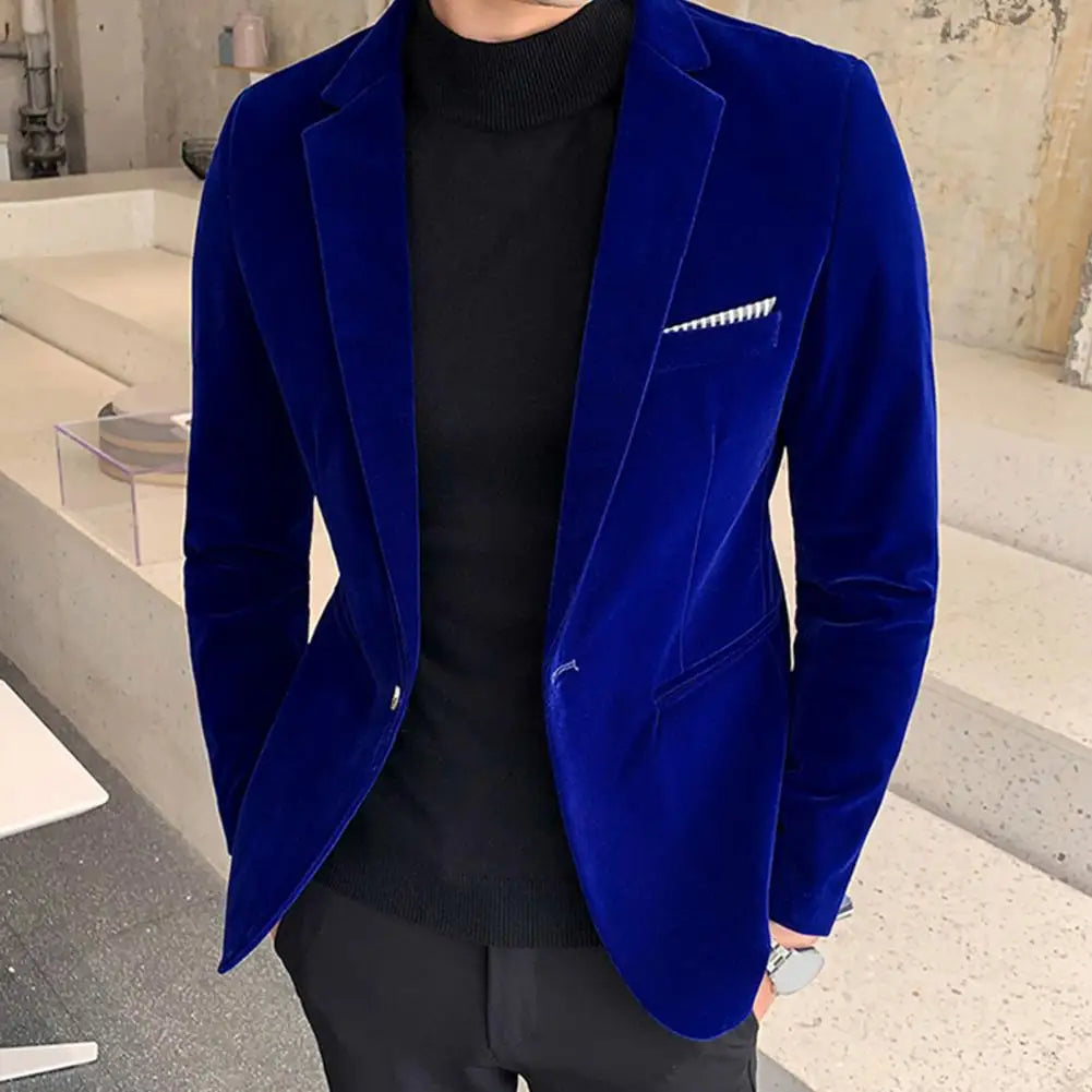 Velvet Men Blazer Lapel Turndown Collar One Button Slim Fit Men Suit Coat Elegant Velvet Lining Formal Suit Jacket Men Outwear