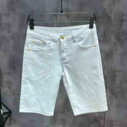 Trendy Embroidered Men's White Denim Shorts Casual Style Slim Fit Mid Waist Straight Leg Summer Lightweight Pants