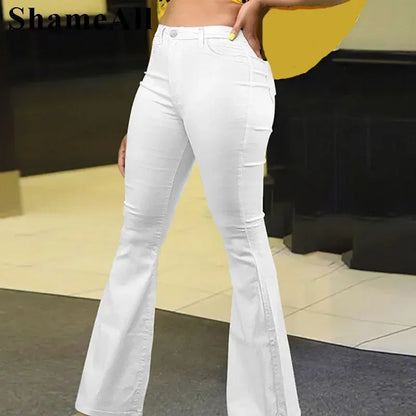 Loose Comfortabl White Flare Jeans 3XL Streetwear Women High Waist Stretchy Grunge Denim Pants Wide Leg Bell Bottoms