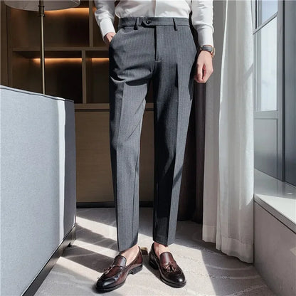 Men Boutique Black Striped Suits Pants Male Formal Wear Wedding Dress Trousers Quality British Style Business Casual Suit Pants