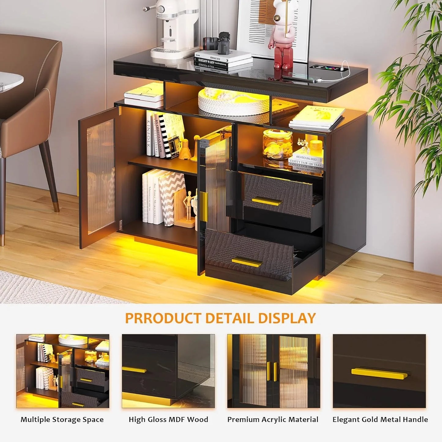 RGB LED Coffee Bar Cabinet with Auto Sensor Lights, High Gloss Sideboard Buffet Cabinet with USB/Type C/Wireless Charger