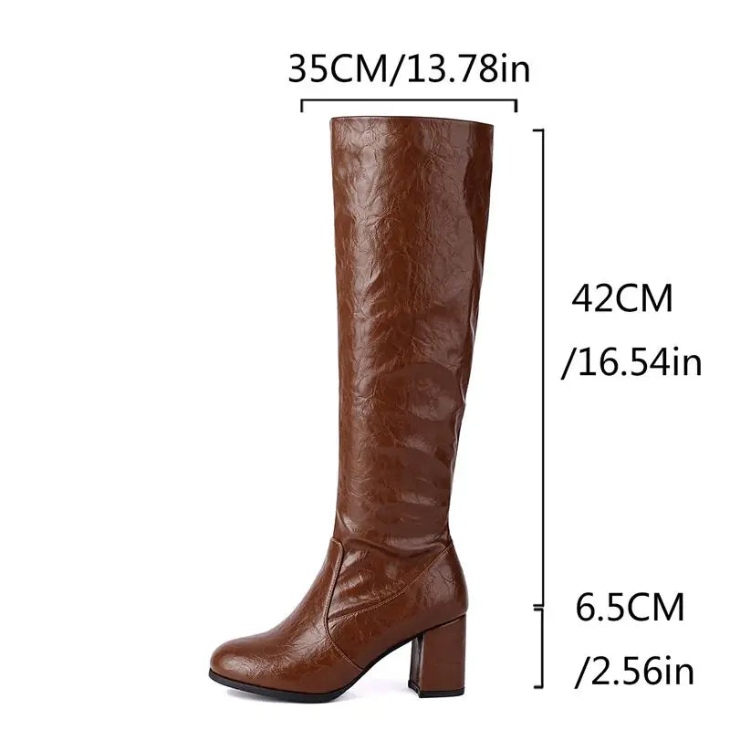 ASILETO Classic Women Knee High Boots Round Toe Block Heels 6.5cm Zipper Large Size 46 47 48 Vintage Daily Lady Riding Booties