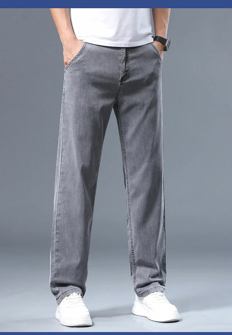 Summer Men's Lyocell Baggy Jeans Thin Soft Drape Business Casual Trousers Classic Smoke Gray Brand Straight Ice Silk Pants