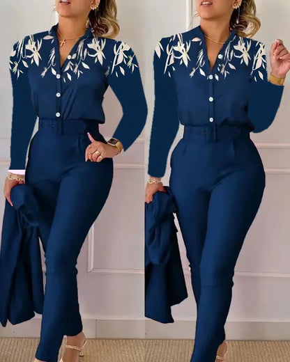 Elegant Women Two Piece Set Suits Fall New Fashion Print Long Sleeve Top Solid Color Pants Set With Belt  Blouses Female Clothes