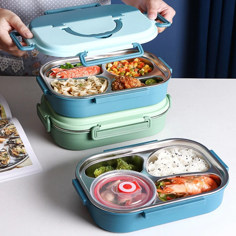 304 Stainless Lunch Box Double Layered with Spoon & Fork Leakproof Eco-Friendly Food-Safe Materials Bowl with Handle for Kids