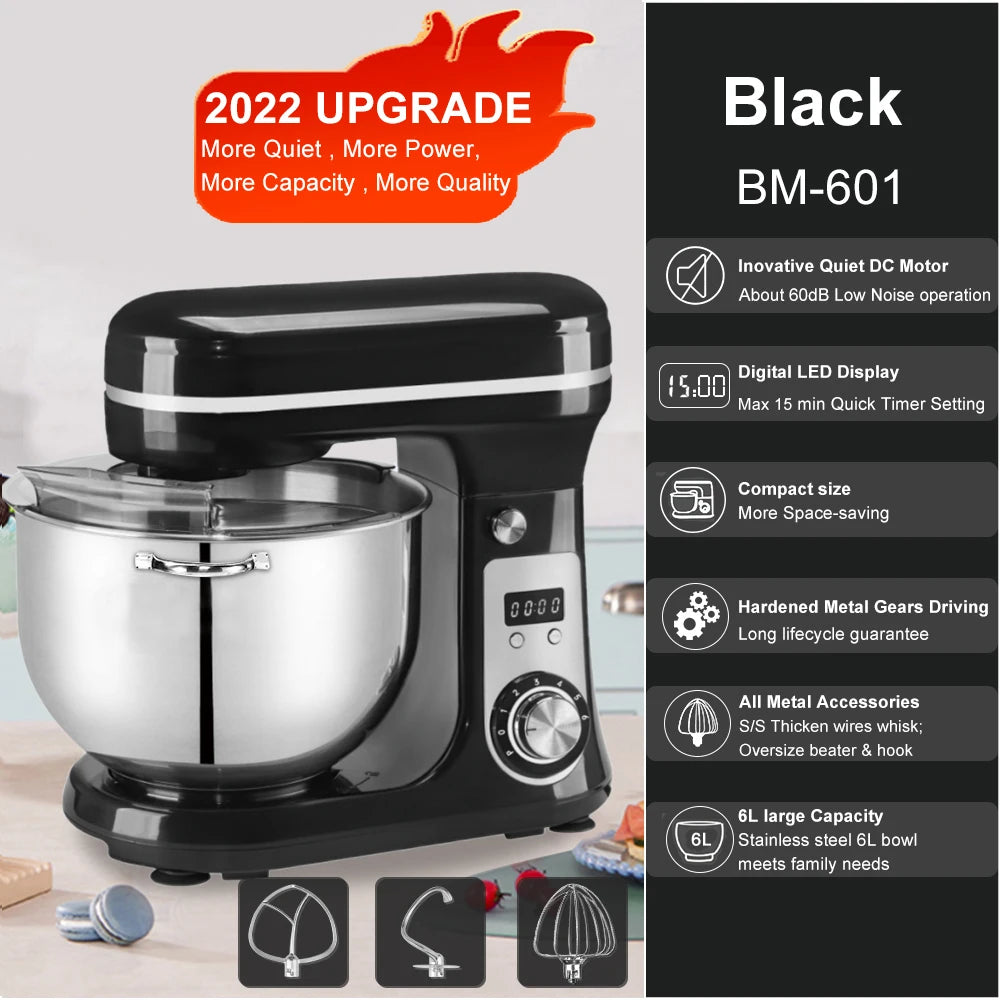 BioloMix 6L Kitchen Food Stand Mixer 1200W DC Quiet Motor Stainless Steel Bowl 6-speed Cream Egg Whisk Whip Dough Kneader