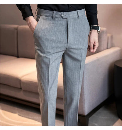 Men Boutique Black Striped Suits Pants Male Formal Wear Wedding Dress Trousers Quality British Style Business Casual Suit Pants