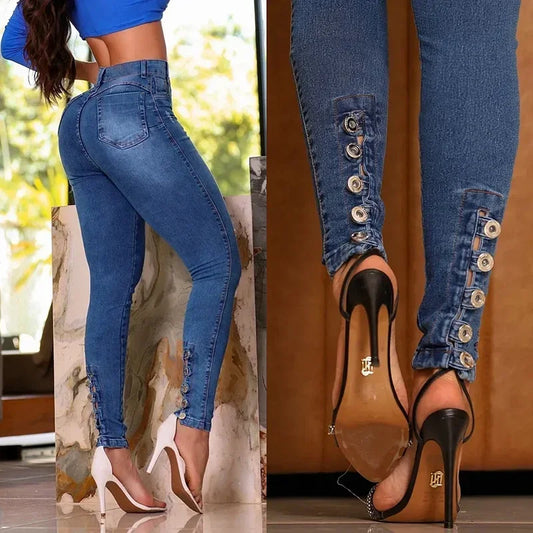 Spring 2025 Fashion Button Jeans Women Casual Skinny Pencil Pants High Waist Slim Stretch Denim TrousersLady Butt Lifting Jeans