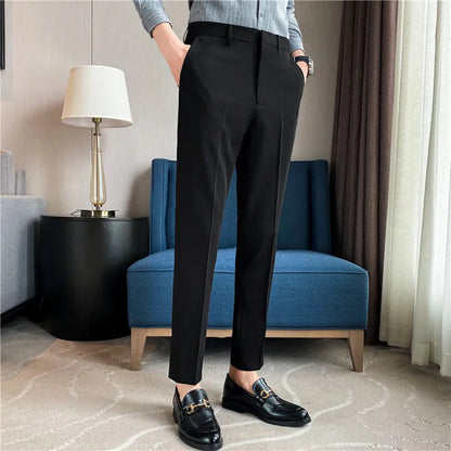 9 Color Summer Fashion Mens Suit Pants Pure Color Business Formal Pants Slim Fit Office Mens Wedding Social Ankle Long Trousers