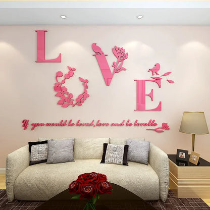 Love 3D Mirror Wall Stickers Acrylic Pink Purple TV Background Bedroom Bedside Stickers Wedding Room Home Decoration