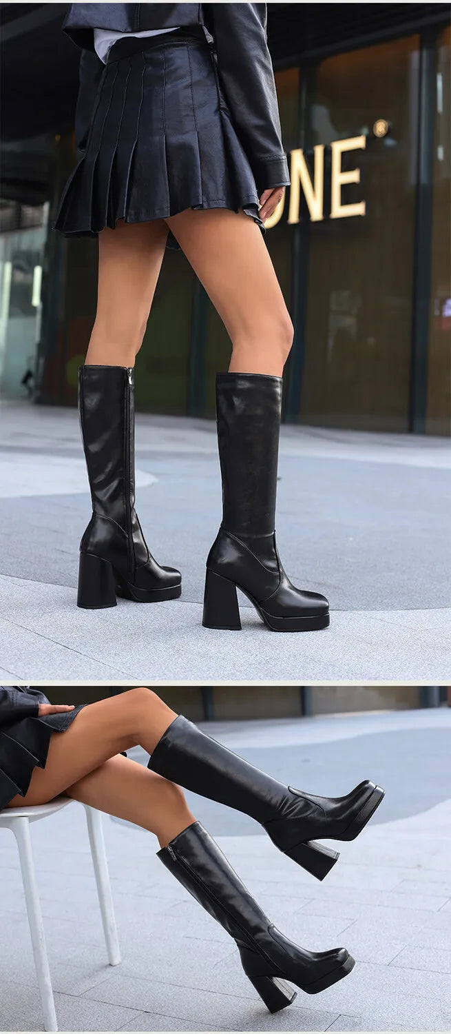 Square Toe Platform Ultra-High Thick Heel Soft PU Side Zipper Women's Knee High Boots With Plush Lining Autumn New Knight Boots