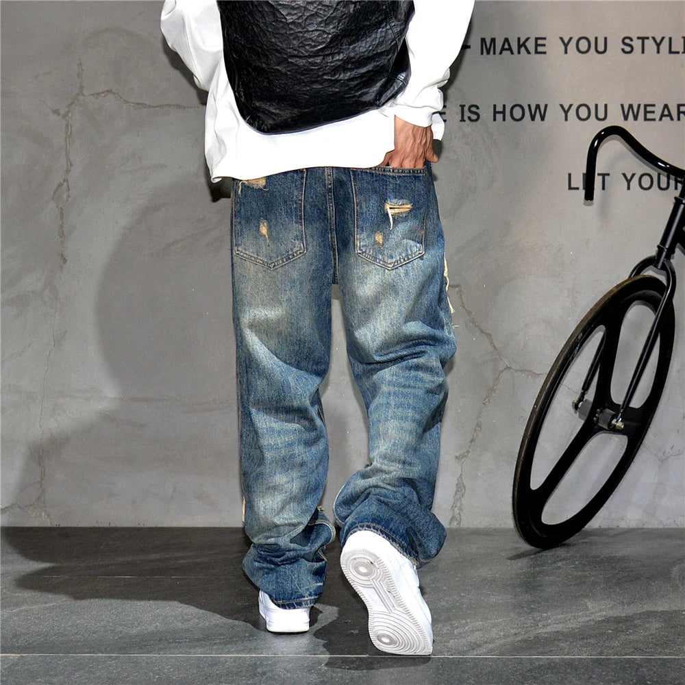 Mens Ripped Baggy Jeans Distressed Denim Streetwear Skateboard Pants Straight Leg Patchwork Oversized Urban Fashion Workwear