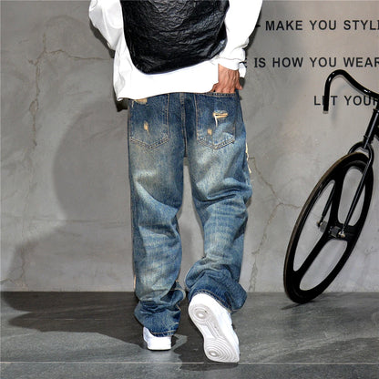 Mens Ripped Baggy Jeans Distressed Denim Streetwear Skateboard Pants Straight Leg Patchwork Oversized Urban Fashion Workwear