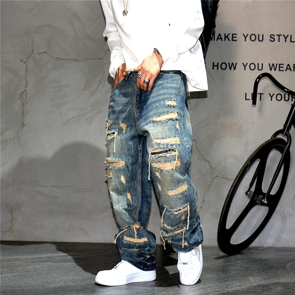 Mens Ripped Baggy Jeans Distressed Denim Streetwear Skateboard Pants Straight Leg Patchwork Oversized Urban Fashion Workwear