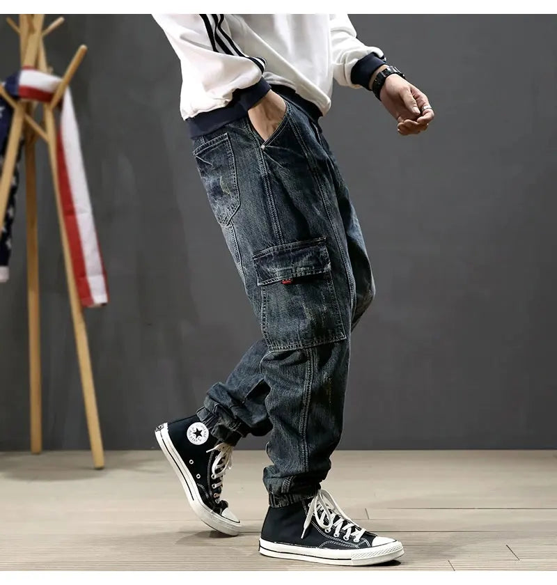 Street Fashion Men Jeans Retro Blue Printed Designer Big Pocket Casual Cargo Pants Hombre Hip Hop Joggers Men Loose Ripped Jeans