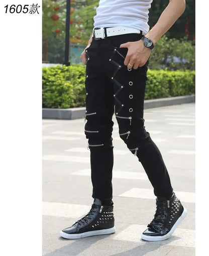 Motorcycle Denim Pants Men's Black Jeans Fashion Stretch Zipper Skinny Jeans Leather Moto Biker Men Slim Pants Hot Selling