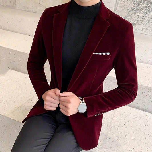 Velvet Men Blazer Lapel Turndown Collar One Button Slim Fit Men Suit Coat Elegant Velvet Lining Formal Suit Jacket Men Outwear