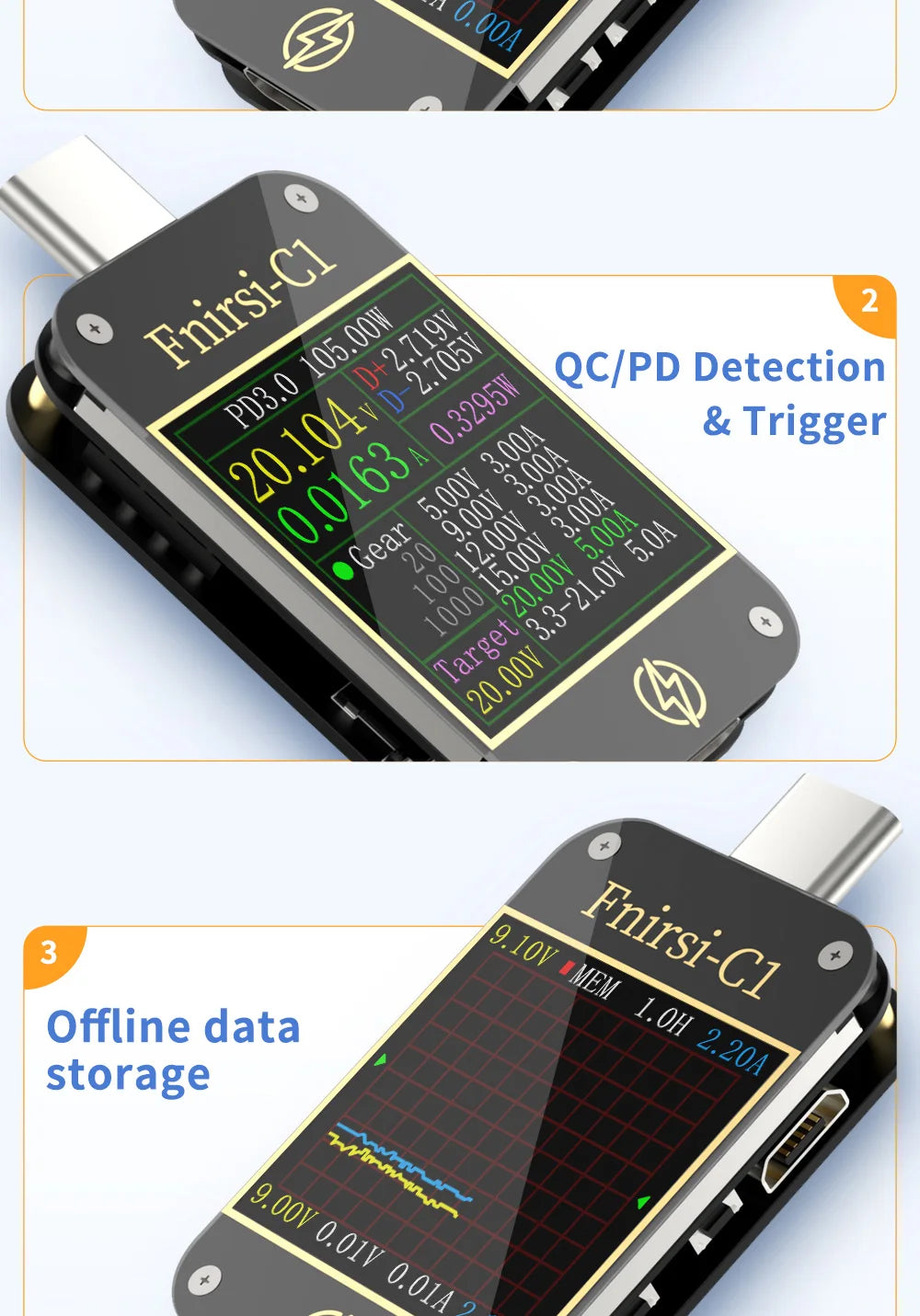 FNIRSI-C1 USB Tester Voltmeter Ammeter Type-C PD Trigger Fast Charging Test Type-C Meter Power Bank tester With PC Software