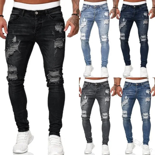 Ripped Skinny Jeans Men Casual Slim Fit Pencil Denim Pants Male Vintage Wash Solid Denim Trouser Hot Sale Fashion Street Style