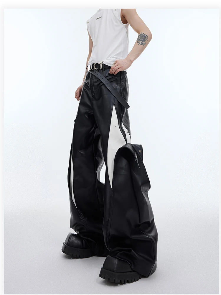 Mauroicardi Spring Autumn Cool Long Loose Casual White and Black Patchwork Pu Leather Pants Men Wide Leg Trousers Fashions 2024