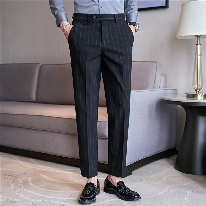 Men's Striped Suit Pants Elastic 2024 Autumn New Social Casual Trousers Slim Fit Suit Pants Business Office Wedding Men Clothing