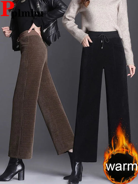 Snow Wear Loose Straight Pants Winter Warm Elastic High Waist Velvet Lined Wide Leg Pantalones Casual Thicken Ankle Length Calca