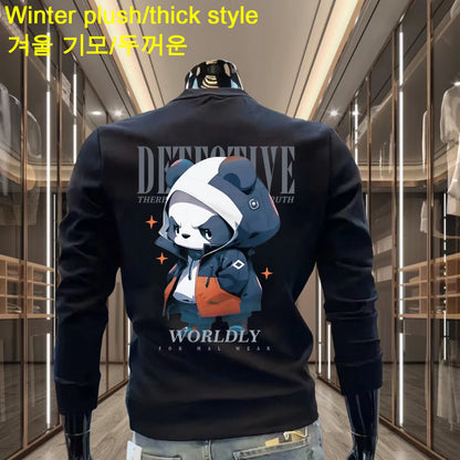 Men's Warm Plush Sweaters Winter Japan Cartoon Printed O Neck Sweatshirt Cotton Plush Sweater Trendy Men Clothing  Anime Clothes