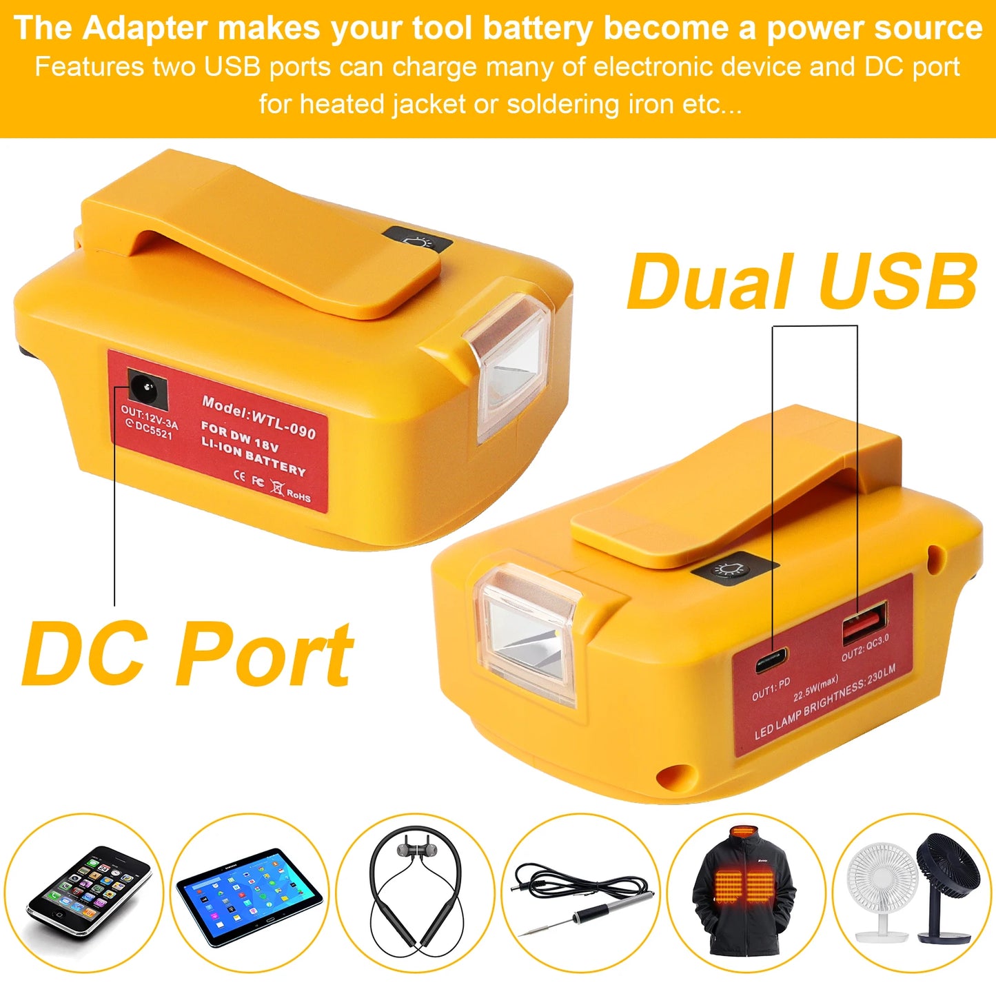 Adaptor For Dewalt DCB 18V 20V  54V 60V battery to DC 12V3A  flashlight fast Charger PD 22.5W  QC3.0  USB C and USBA