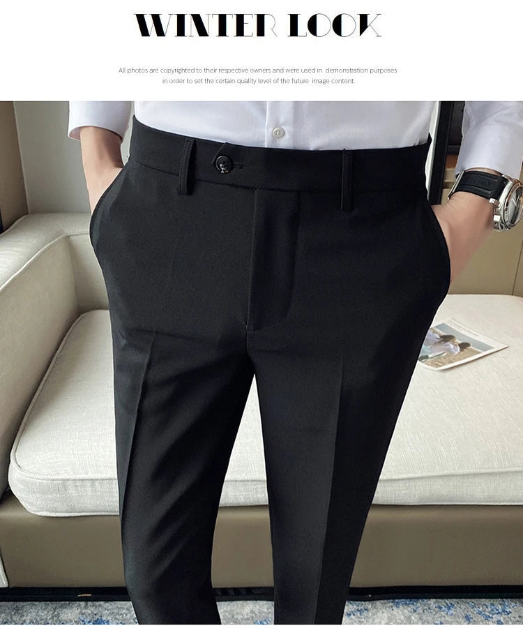 Green Elegant Elastic Mens Social Pants Skinny Cropped White Formal Stretch Pants Mens Trousers Office Slim Fit Party Club 2023